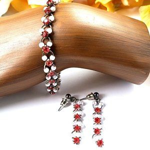 Vintage Pink Rhinestone & Pearl Earring and Bracelet Set Silver-Tone Pierced Ear